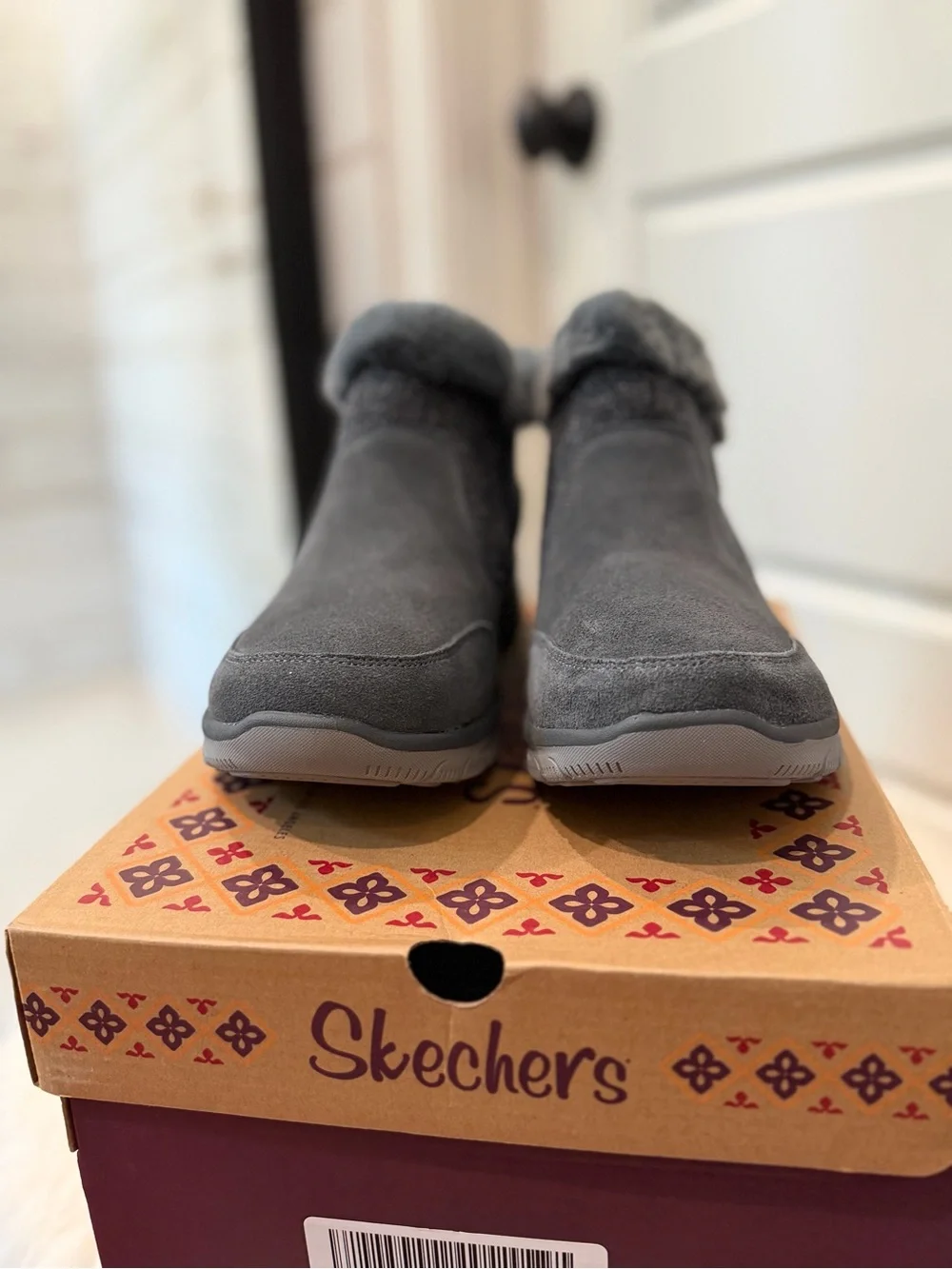 Skechers Gray Faux-Fur Knit Ankle Boots